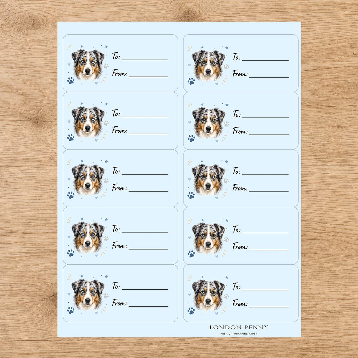 Australian Shepherd Pawprint Wishes Gift Tag Sticker Sheet - London Penny Gift Wrap