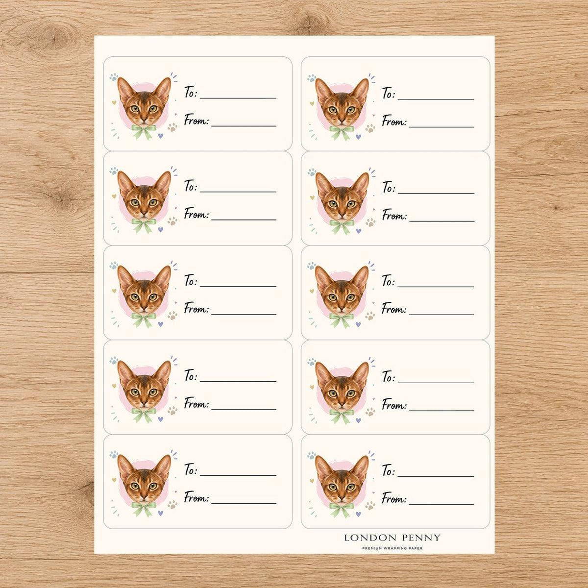 Abyssinian Purrfectly Yours Gift Tag Sticker Sheet - London Penny Gift Wrap