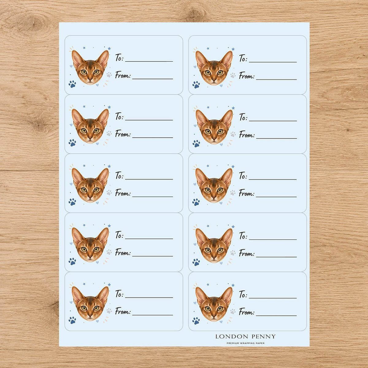 Abyssinian Pawprint Wishes Gift Tag Sticker Sheet - London Penny Gift Wrap