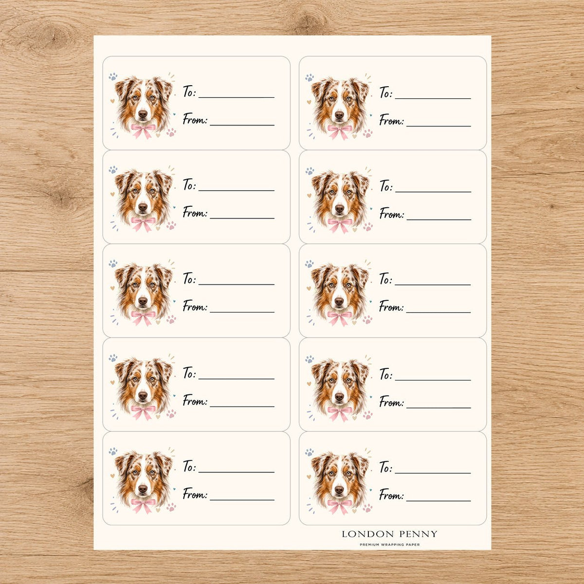 Australian Shepherd Paws & Bows Gift Tag Sticker Sheet - London Penny Gift Wrap
