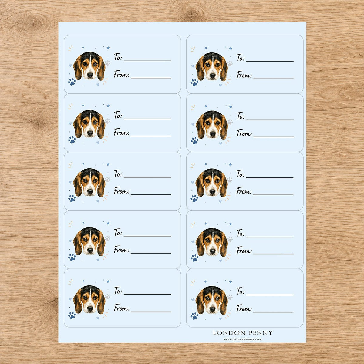 Beagle Pawprint Wishes Gift Tag Sticker Sheet - London Penny Gift Wrap