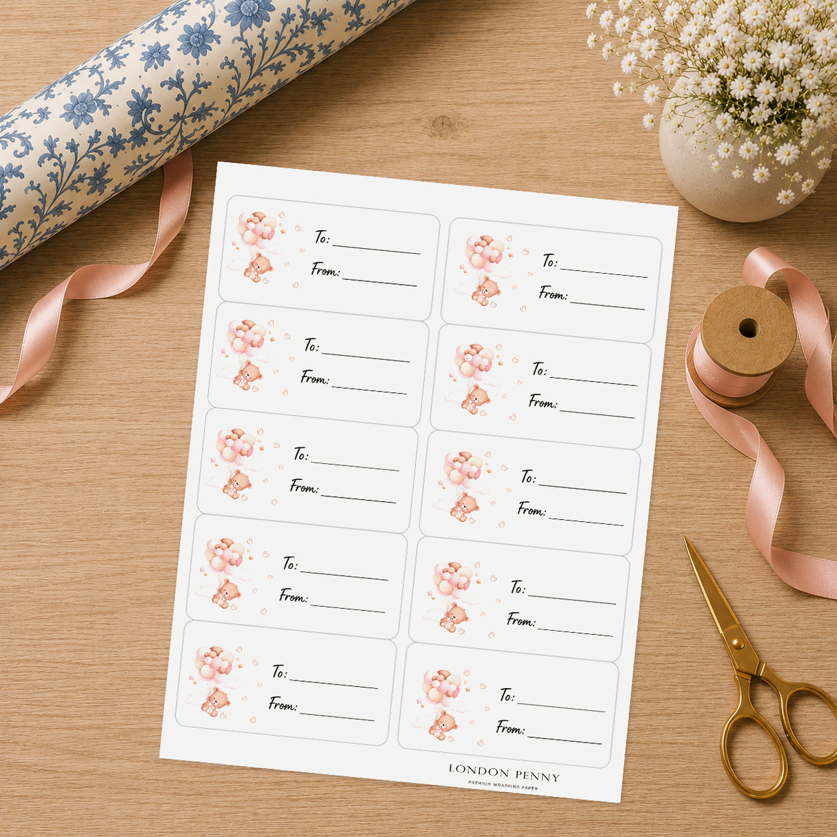 Baby Bear Balloon Wishes Gift Tag Sticker Sheet