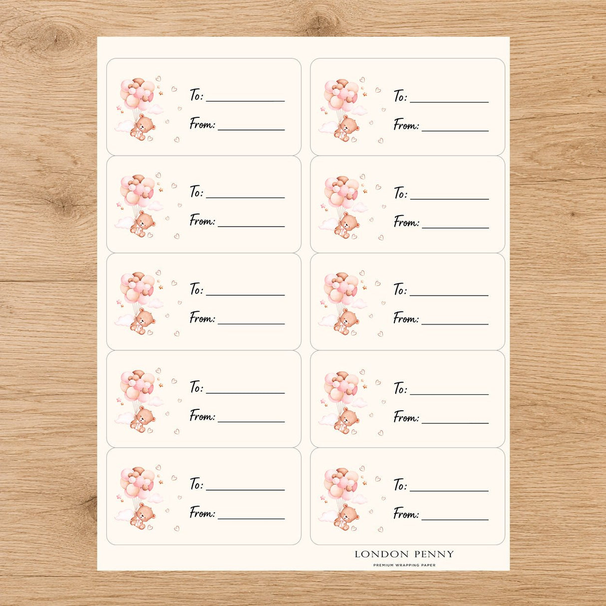 Baby Bear Balloon Wishes Gift Tag Sticker Sheet - London Penny Gift Wrap