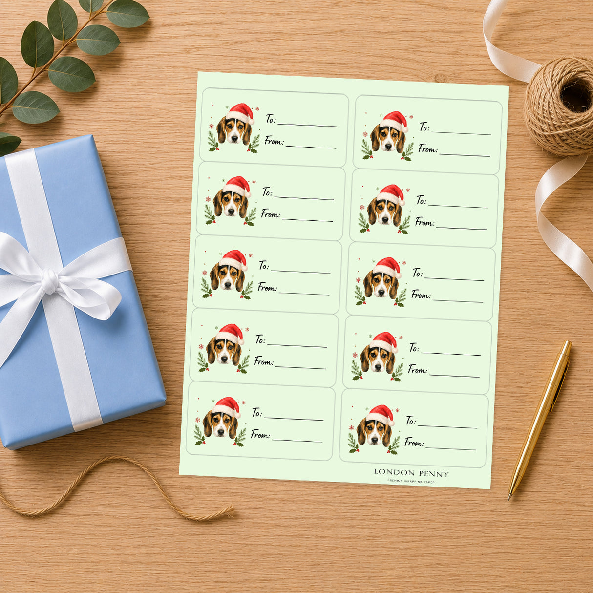 Beagle Santa Paws Gift Tag Sticker Sheet