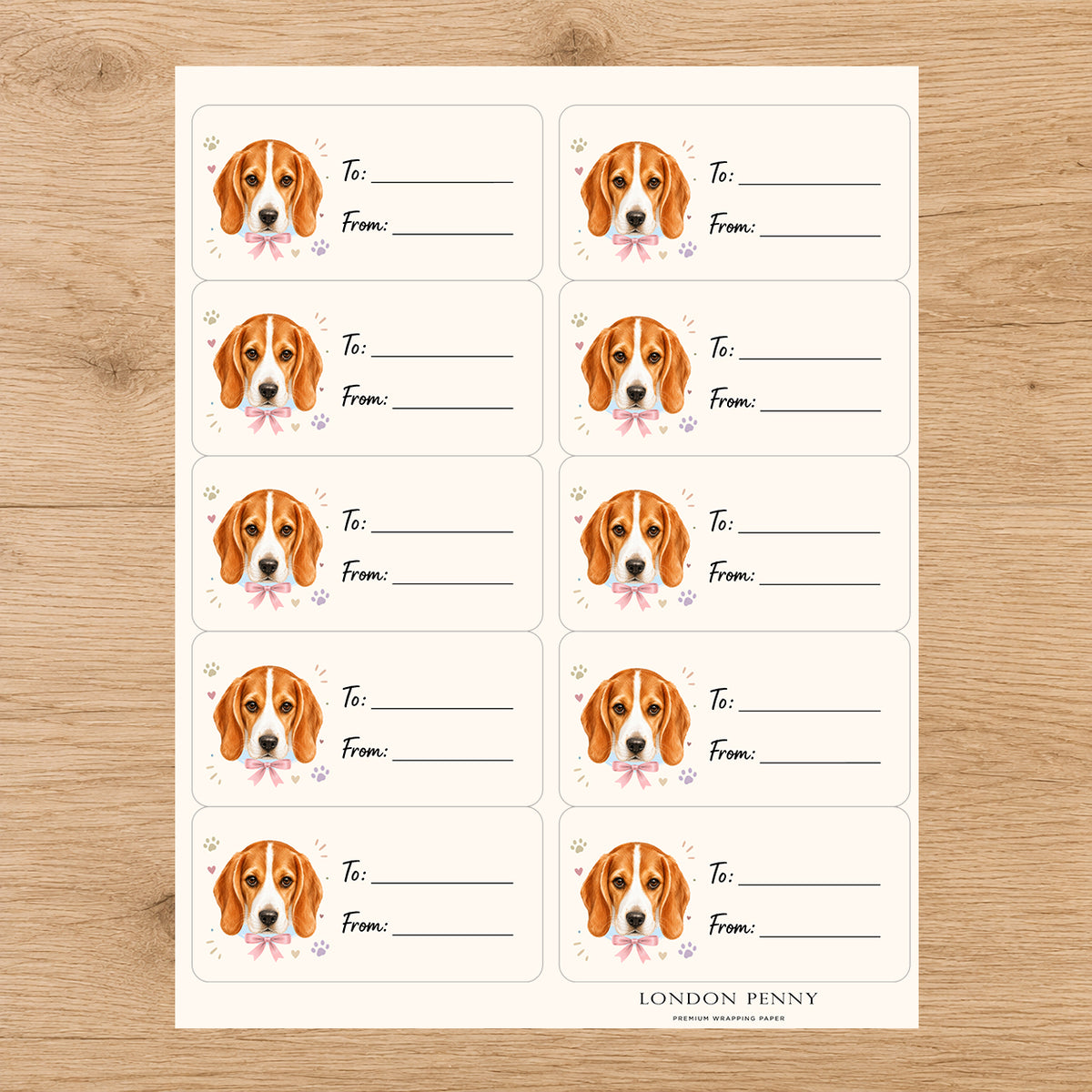 Beagle Paws & Bows Gift Tag Sticker Sheet