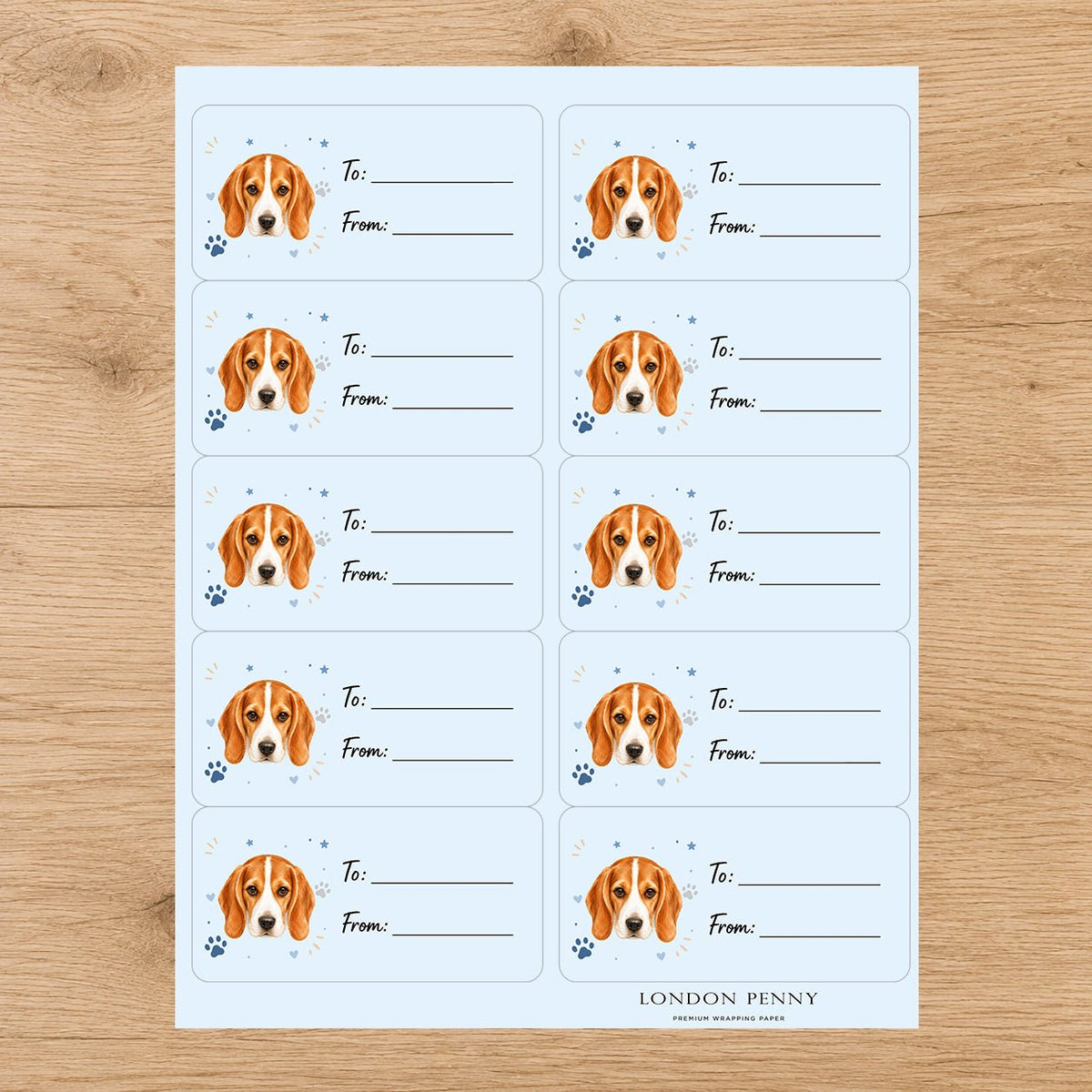 Beagle Pawprint Wishes Gift Tag Sticker Sheet - London Penny Gift Wrap