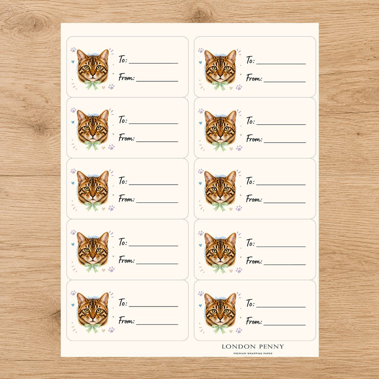 Bengal Purrfectly Yours Gift Tag Sticker Sheet - London Penny Gift Wrap