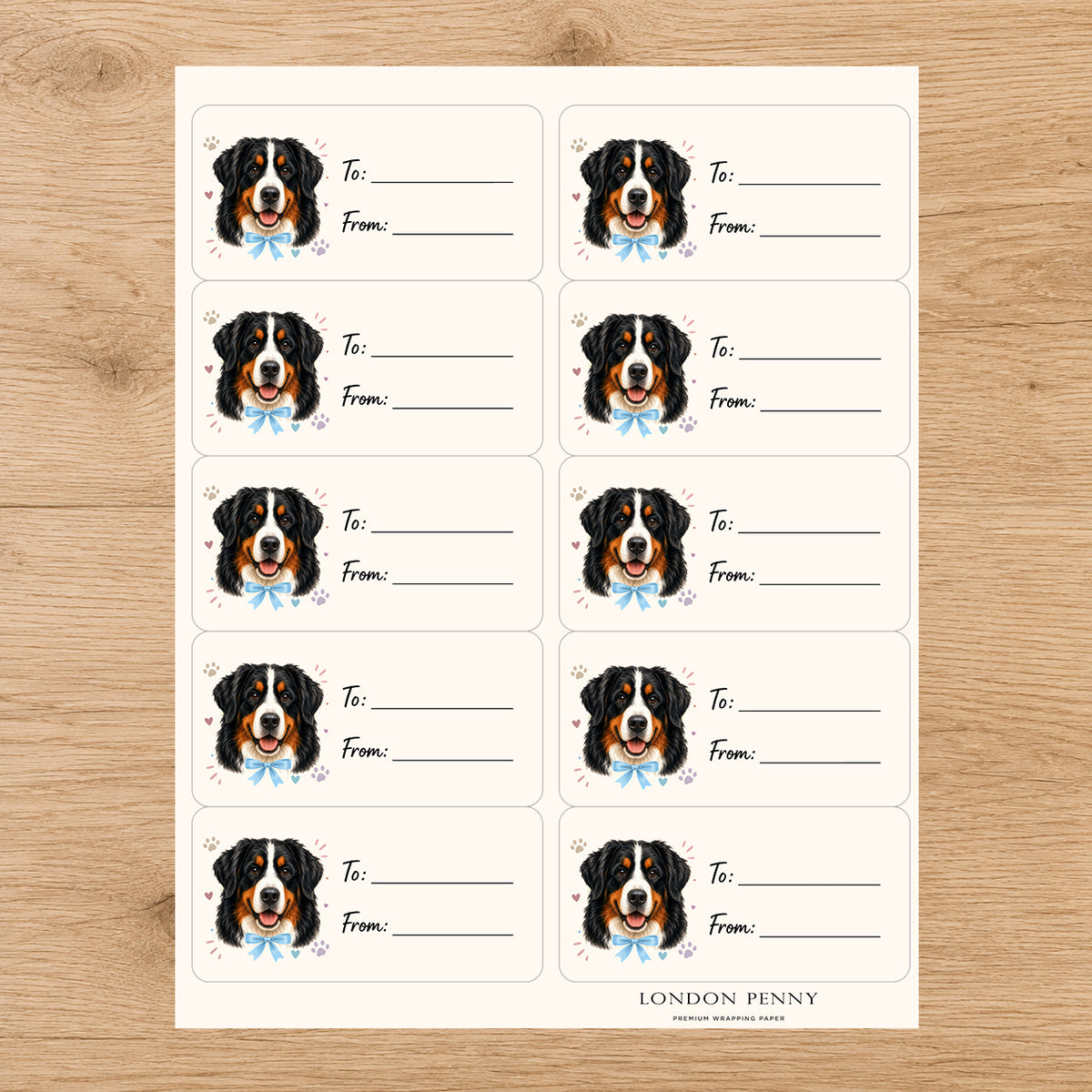 Bernese Mountain Dog Paws & Bows Gift Tag Sticker Sheet