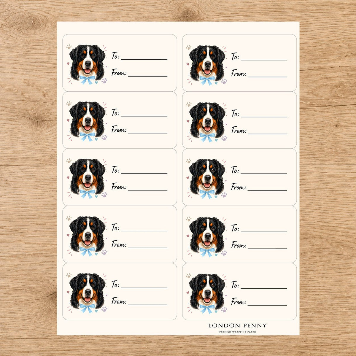 Bernese Mountain Dog Paws & Bows Gift Tag Sticker Sheet - London Penny Gift Wrap