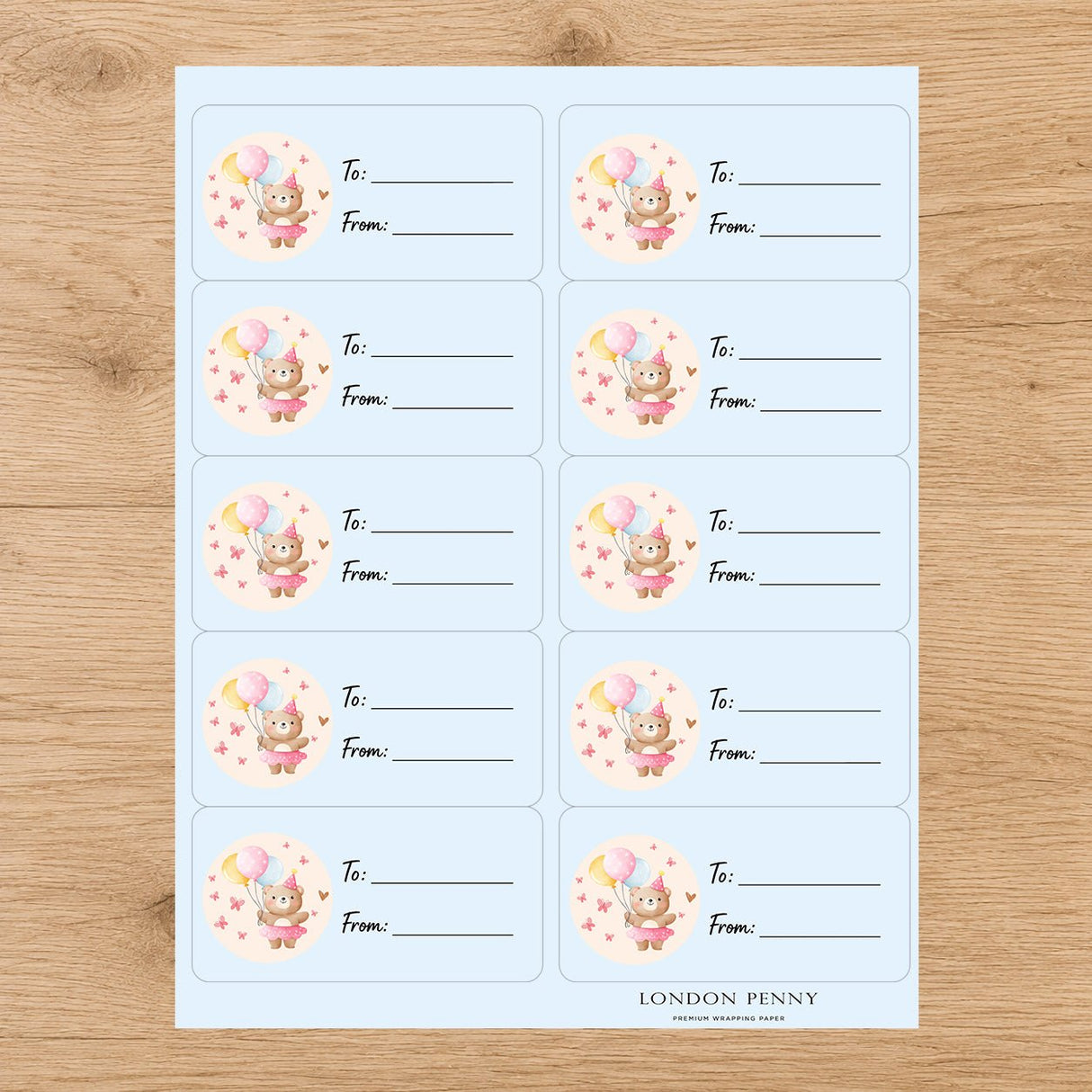 Birthday Bear Balloon Bash Gift Tag Sticker Sheet - London Penny Gift Wrap