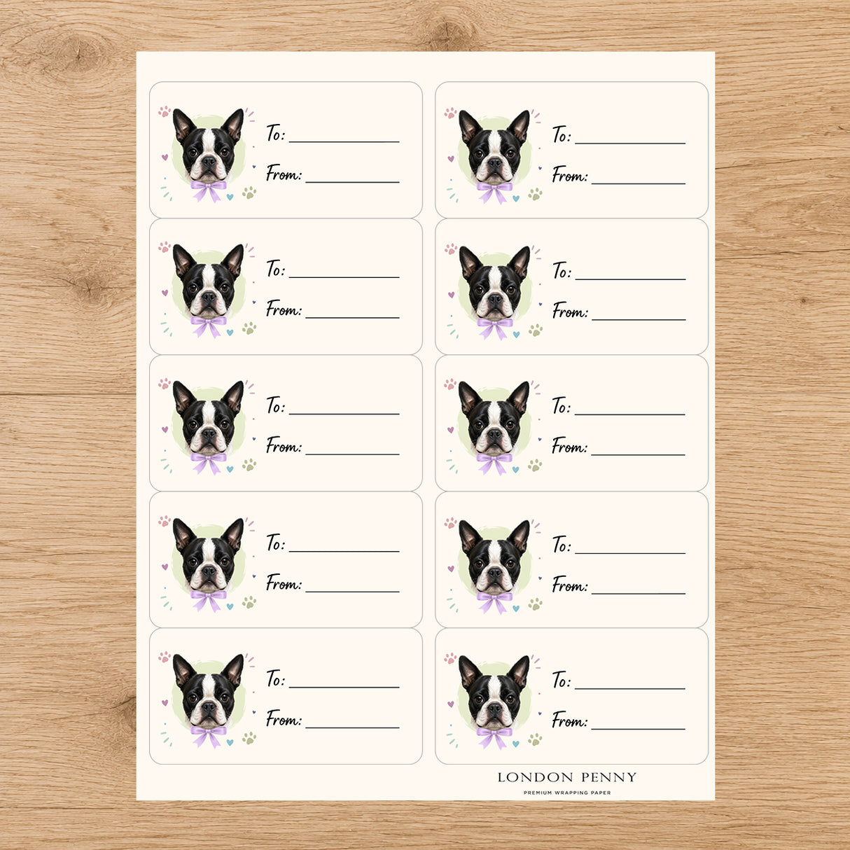 Boston Terrier Paws & Bows Gift Tag Sticker Sheet