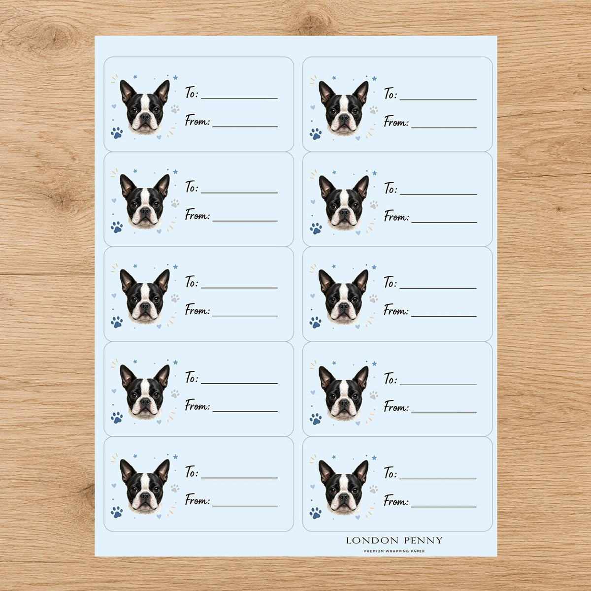 Boston Terrier Pawprint Wishes Gift Tag Sticker Sheet - London Penny Gift Wrap