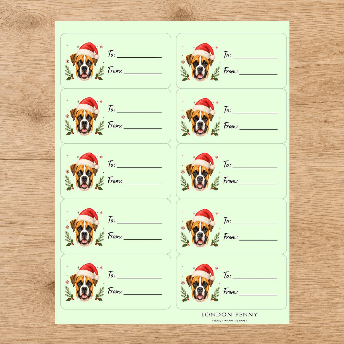 Boxer Santa Paws Gift Tag Sticker Sheet - London Penny Gift Wrap