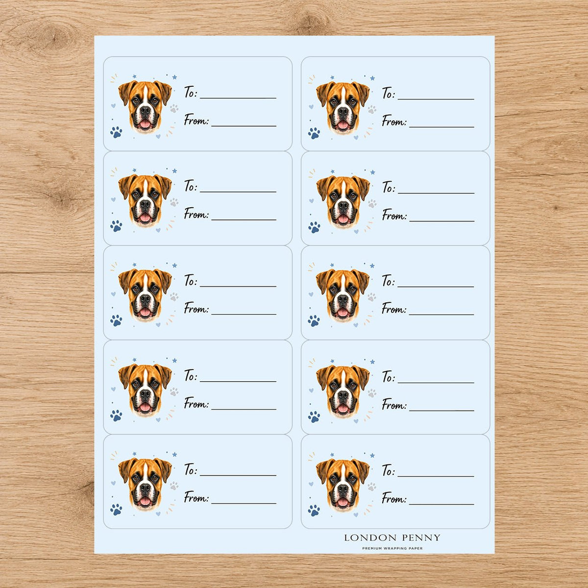 Boxer Pawprint Wishes Gift Tag Sticker Sheet - London Penny Gift Wrap