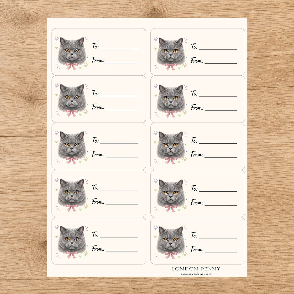 British Shorthair Purrfectly Yours Gift Tag Sticker Sheet - London Penny Gift Wrap