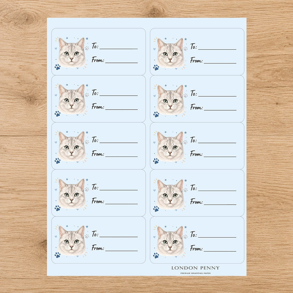 Burmilla Pawprint Wishes Gift Tag Sticker Sheet - London Penny Gift Wrap