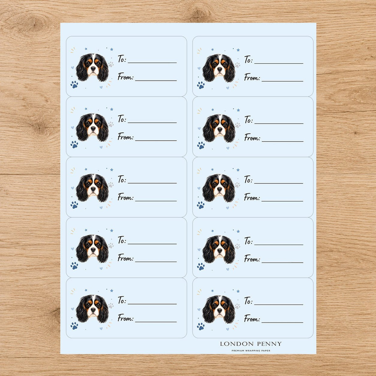 Cavalier King Charles Spaniel Pawprint Wishes Gift Tag Sticker Sheet - London Penny Gift Wrap