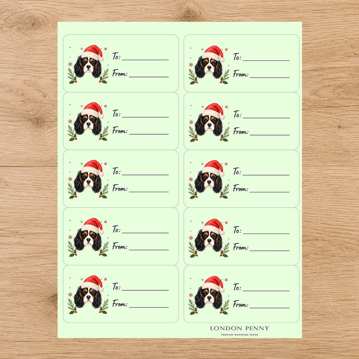 Cavalier King Charles Spaniel Santa Paws Gift Tag Sticker Sheet - London Penny Gift Wrap