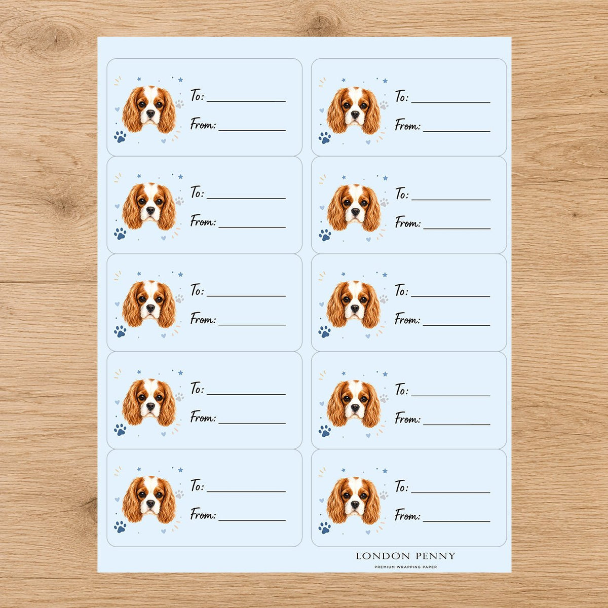 Cavalier King Charles Spaniel Pawprint Wishes Gift Tag Sticker Sheet - London Penny Gift Wrap