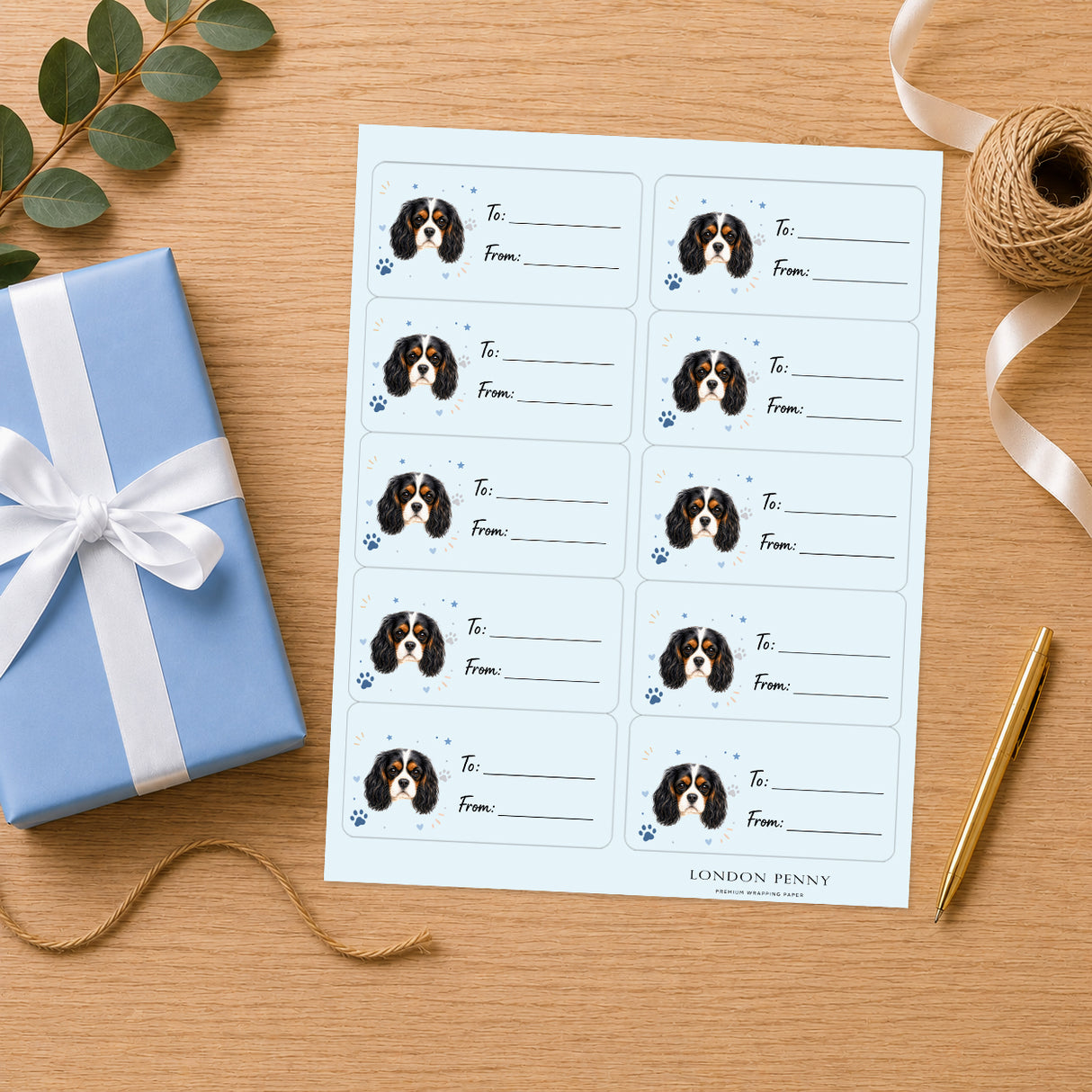 Cavalier King Charles Spaniel Pawprint Wishes Gift Tag Sticker Sheet