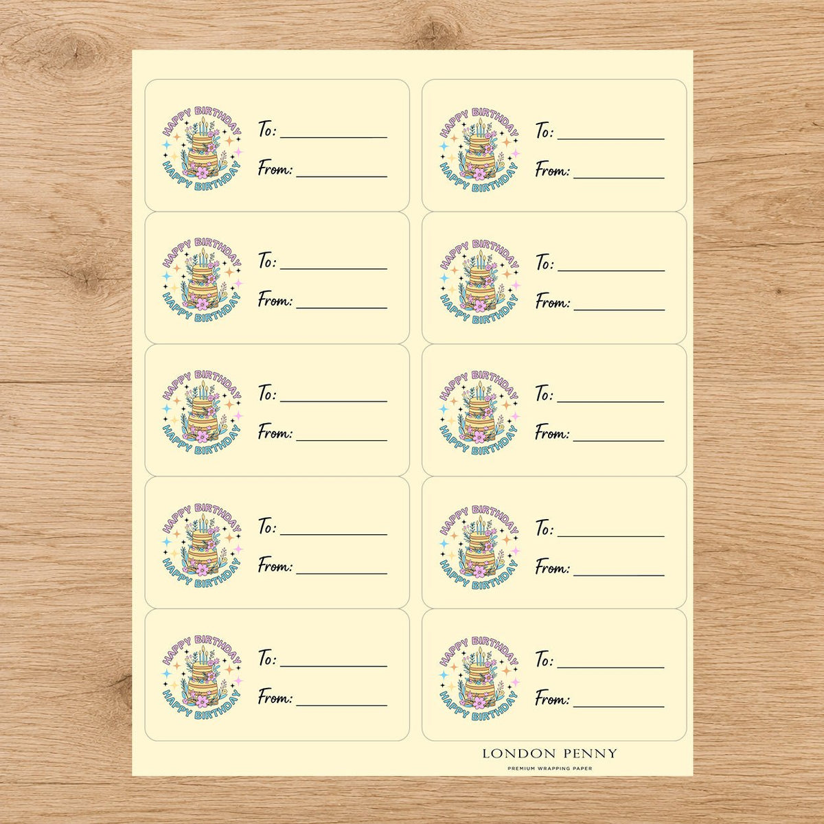 Cake & Birthday Blooms Gift Tag Sticker Sheet - London Penny Gift Wrap