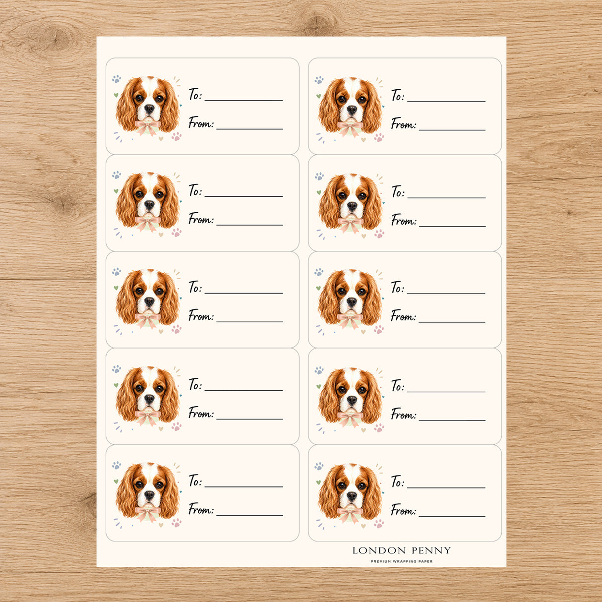 Cavalier King Charles Spaniel Paws & Bows Gift Tag Sticker Sheet