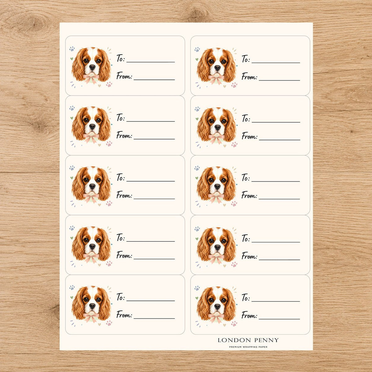 Cavalier King Charles Spaniel Paws & Bows Gift Tag Sticker Sheet - London Penny Gift Wrap