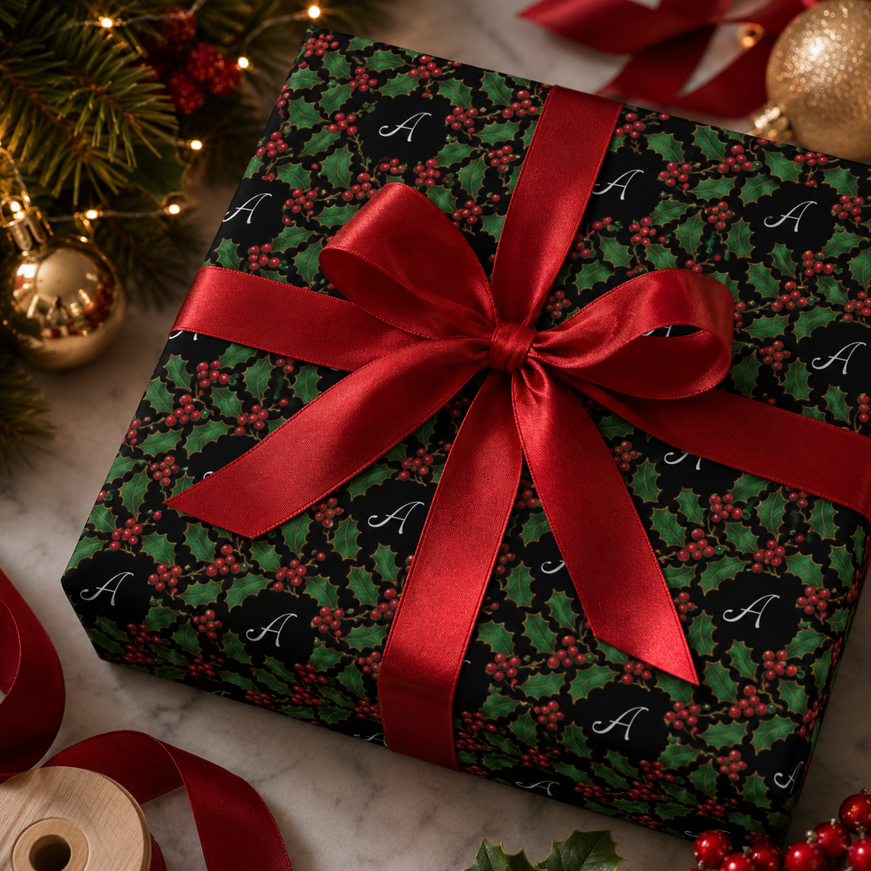 Personalized Victorian Holly Monogram Wrapping Paper | Custom Gift Wrap