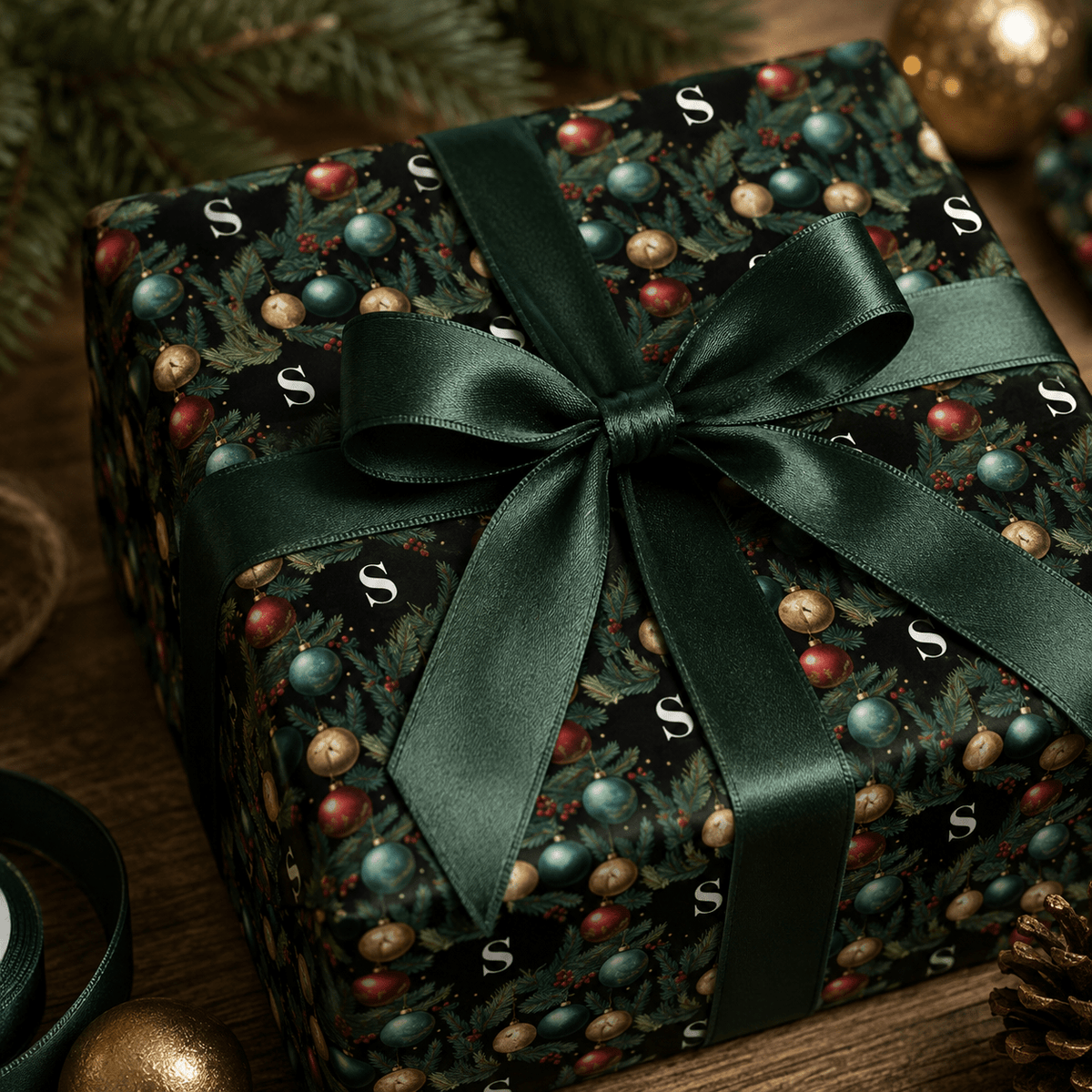 Personalized Fir & Frost Holiday Monogram Wrapping Paper | Custom Gift Wrap - London Penny Gift Wrap