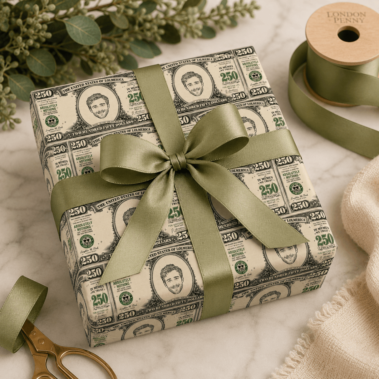 Personalized $250 Bill 6FT Wrapping Paper | Custom Gift Wrap - London Penny Gift Wrap