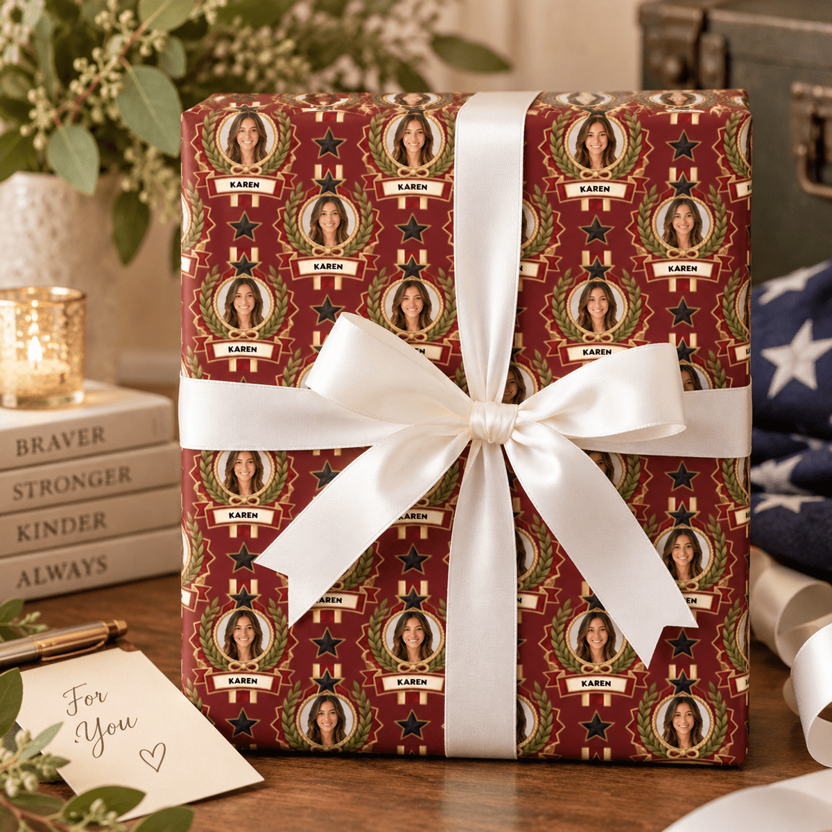 Personalized Red & Gold Honor Medallion Wrapping Paper | Custom Gift Wrap - London Penny Gift Wrap