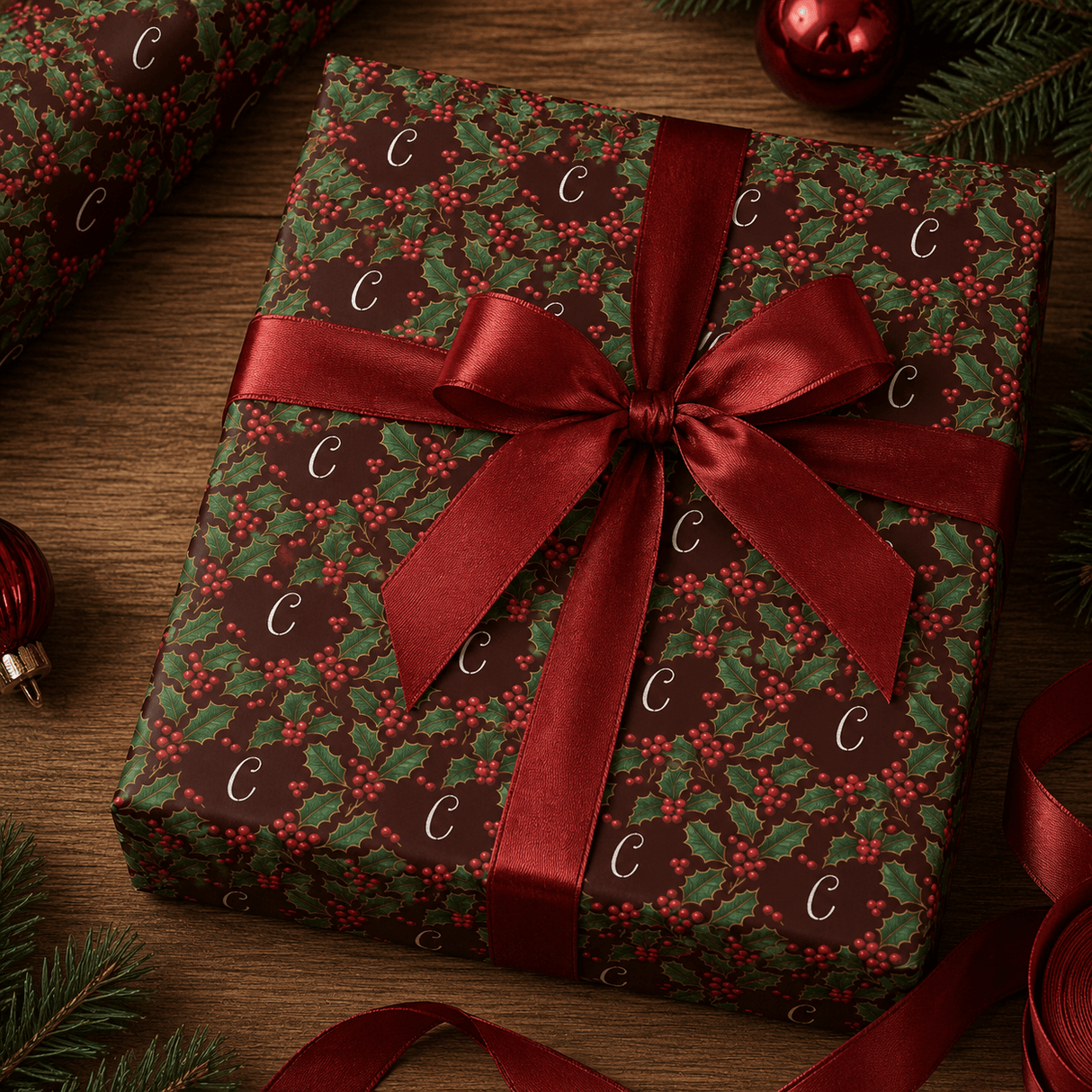Personalized Victorian Holly Monogram Wrapping Paper | Custom Gift Wrap - London Penny Gift Wrap