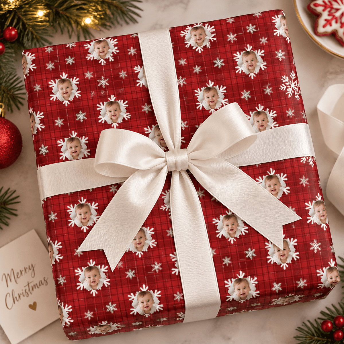 Personalized Holiday Plaid Snowfall Wrapping Paper | Custom Gift Wrap - London Penny Gift Wrap