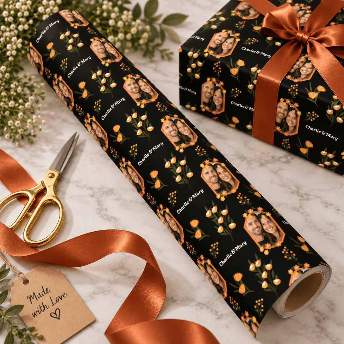 Personalized Orange Wild Flowers Wrapping Paper | Custom Gift Wrapper - London Penny Gift Wrap