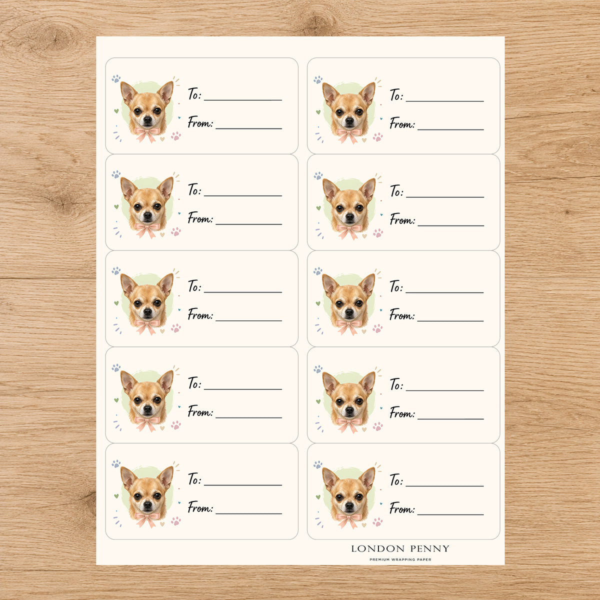 Chihuahua Paws & Bows Gift Tag Sticker Sheet