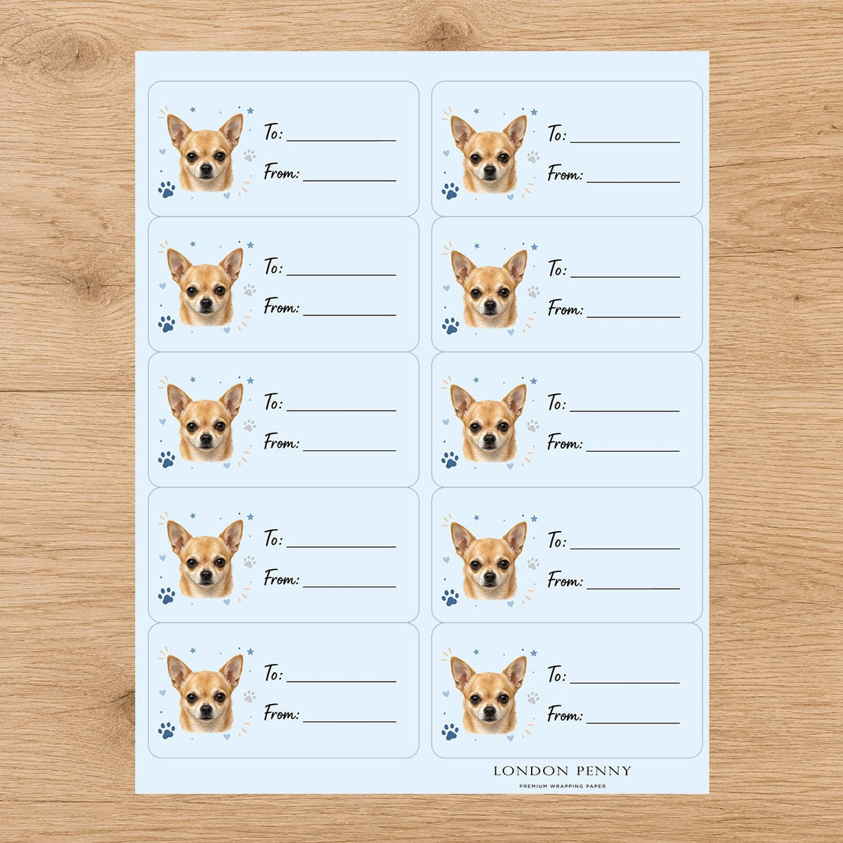 Chihuahua Pawprint Wishes Gift Tag Sticker Sheet - London Penny Gift Wrap