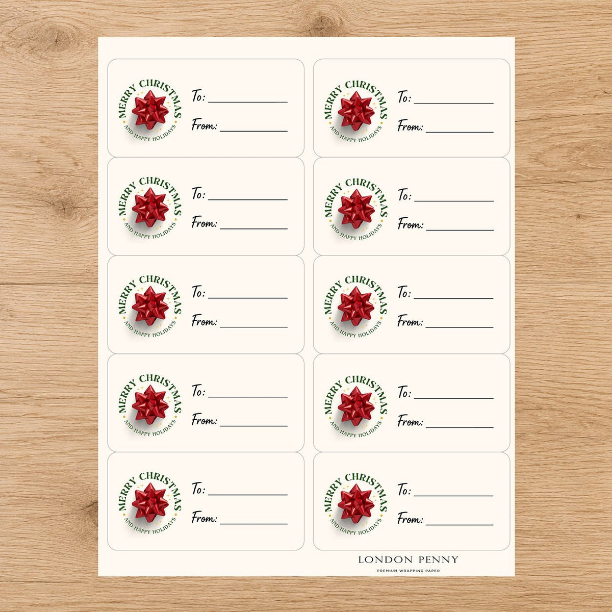Christmas Bow & Cheer Gift Tag Sticker Sheet - London Penny Gift Wrap