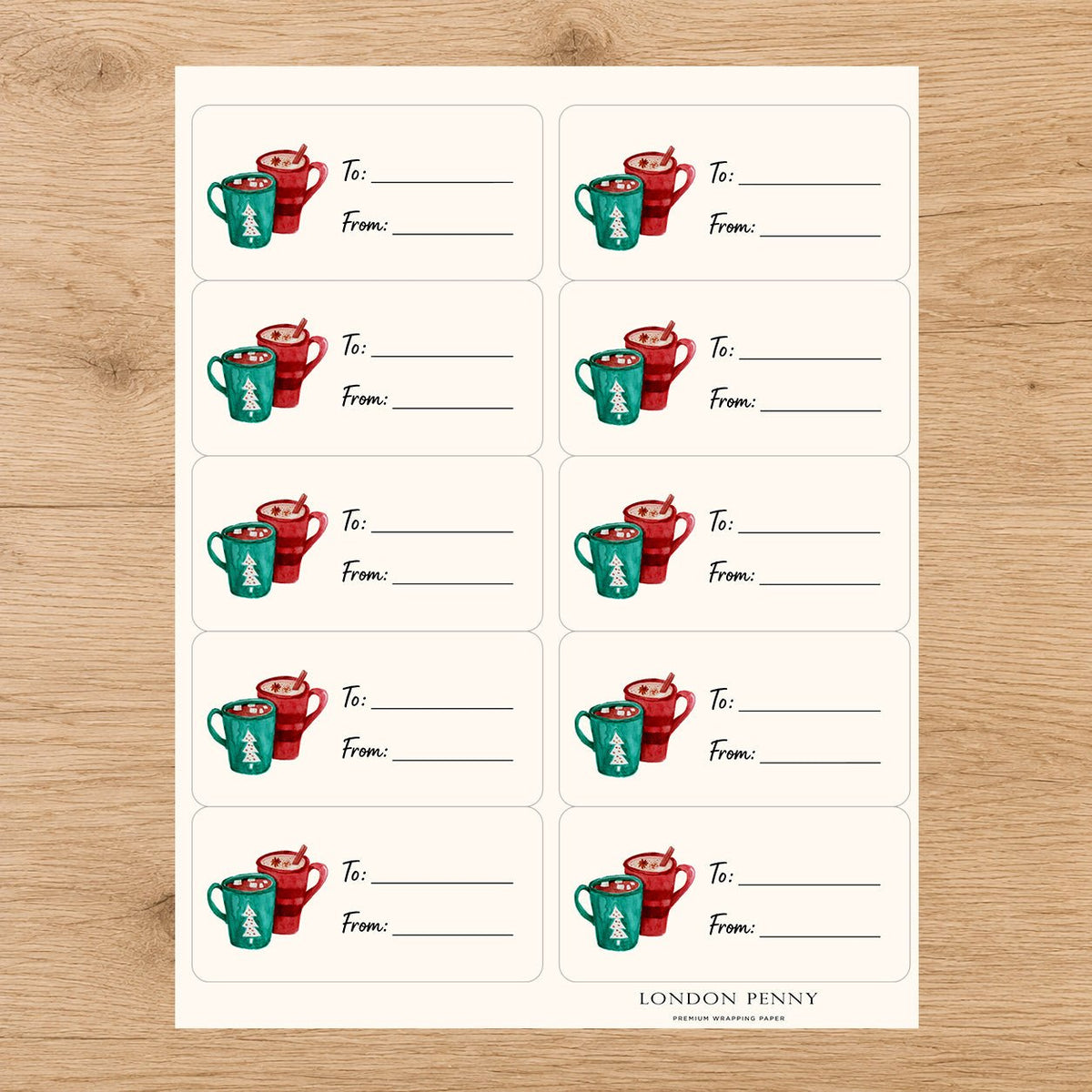 Cozy Christmas Cocoa Gift Tag Sticker Sheet - London Penny Gift Wrap