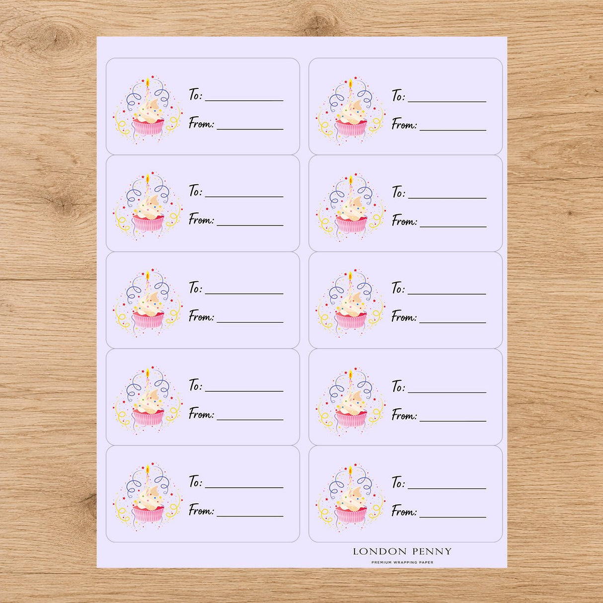 Cupcake Wishes Gift Tag Sticker Sheet - London Penny Gift Wrap