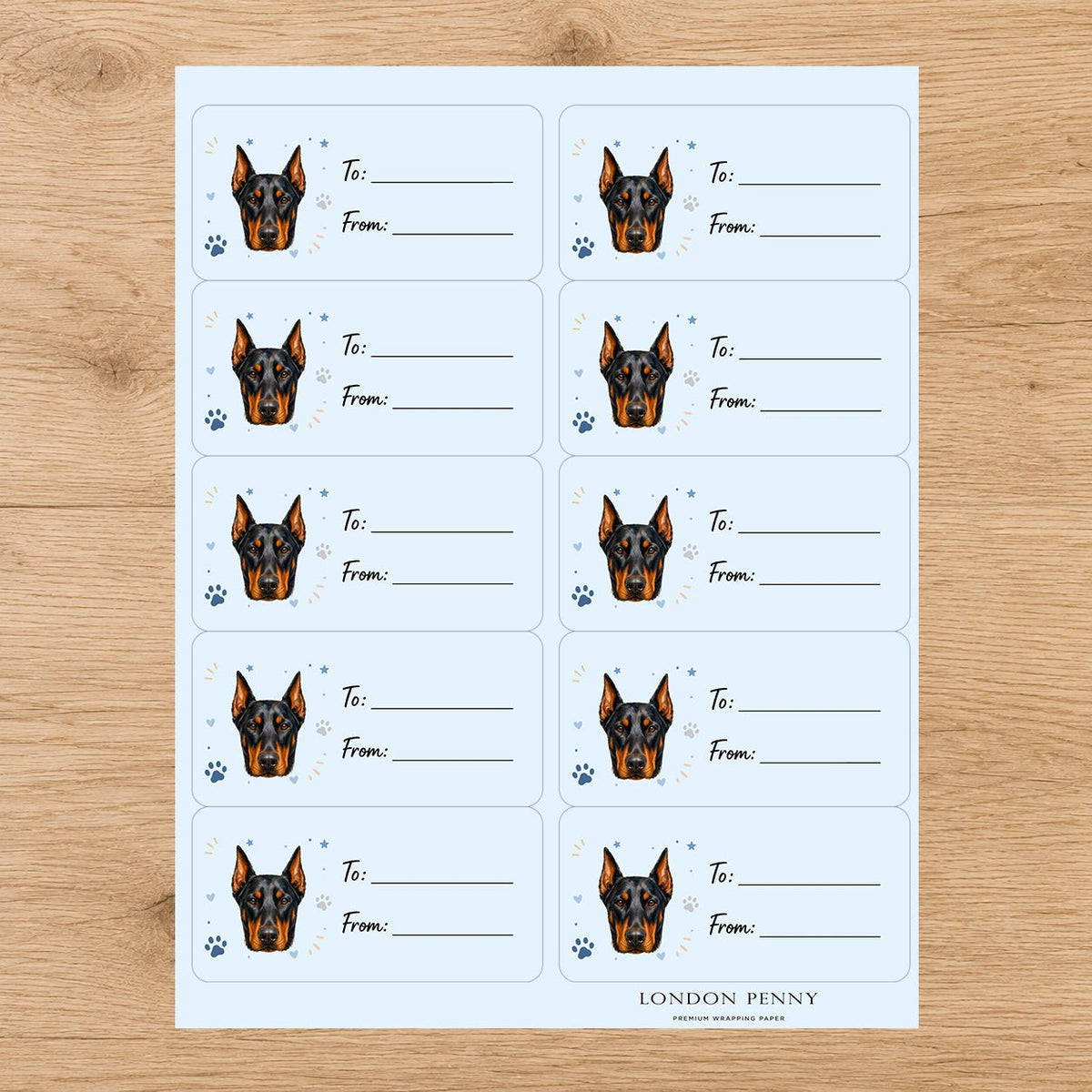 Doberman Pinscher Pawprint Wishes Gift Tag Sticker Sheet - London Penny Gift Wrap