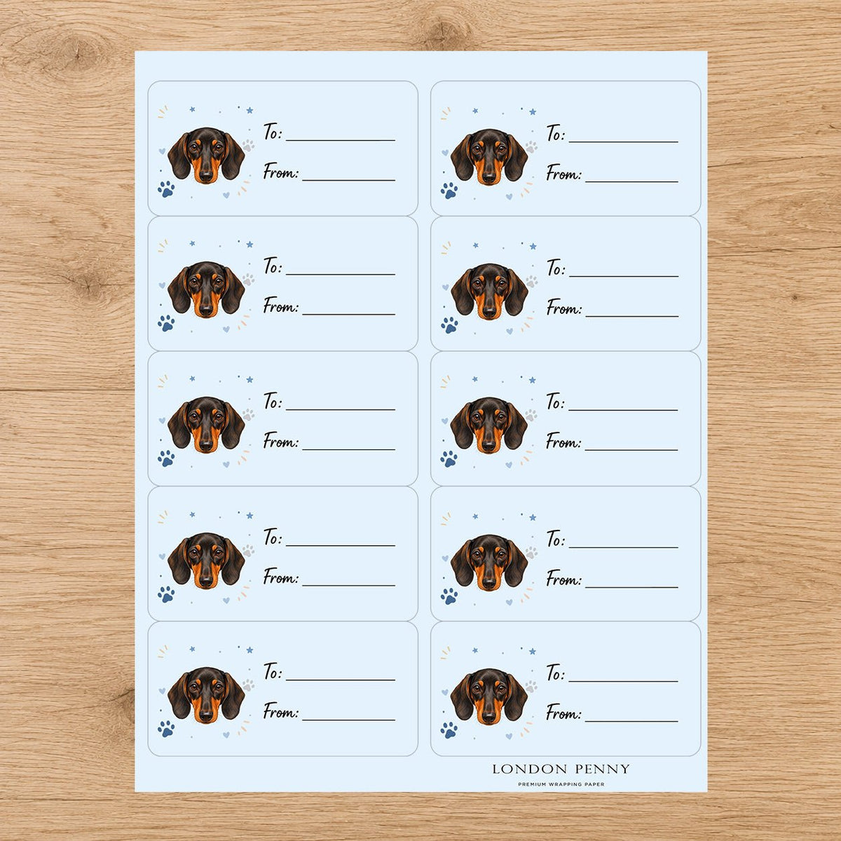 Dachshund Pawprint Wishes Gift Tag Sticker Sheet - London Penny Gift Wrap