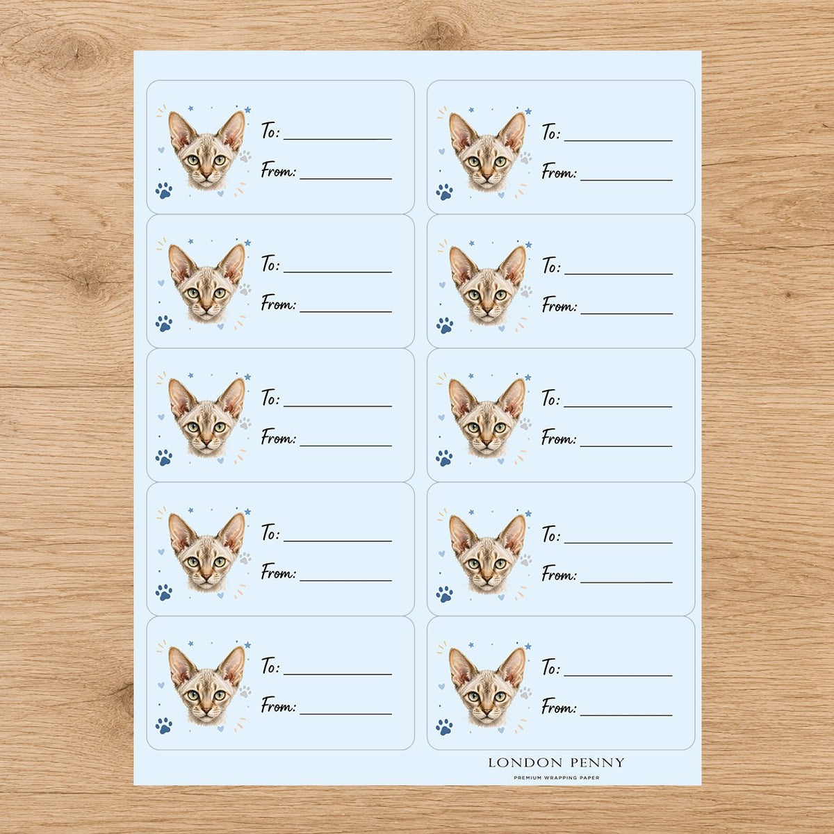 Devon Rex Pawprint Wishes Gift Tag Sticker Sheet - London Penny Gift Wrap