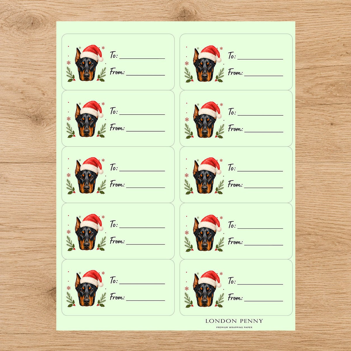 Doberman Pinscher Santa Paws Gift Tag Sticker Sheet - London Penny Gift Wrap
