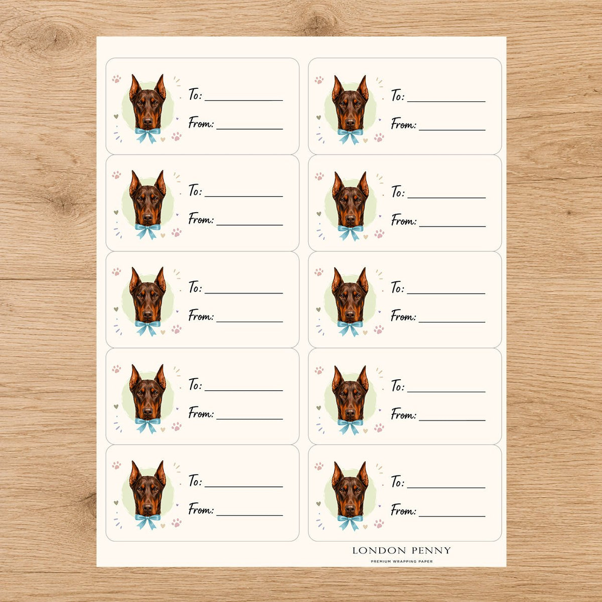 Doberman Pinscher Paws & Bows Gift Tag Sticker Sheet - London Penny Gift Wrap