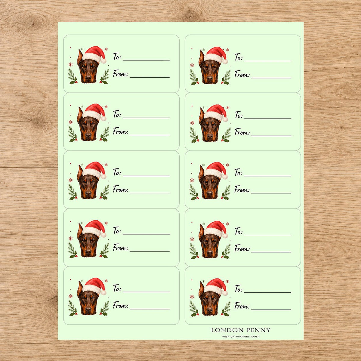 Doberman Pinscher Santa Paws Gift Tag Sticker Sheet - London Penny Gift Wrap