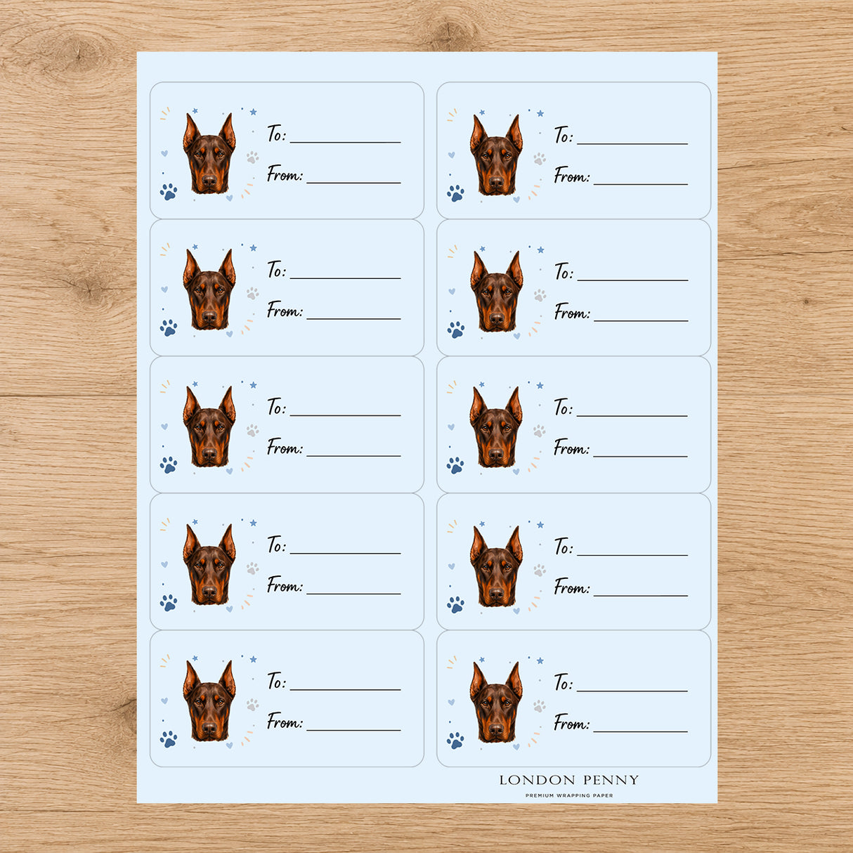 Doberman Pinscher Pawprint Wishes Gift Tag Sticker Sheet