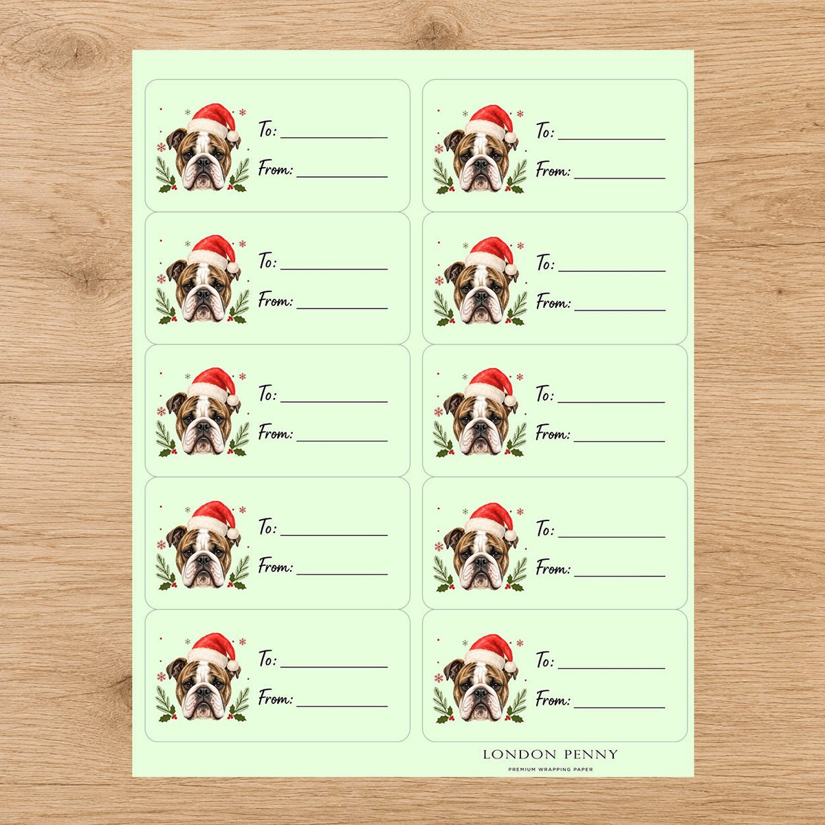 English Bulldog Santa Paws Gift Tag Sticker Sheet - London Penny Gift Wrap