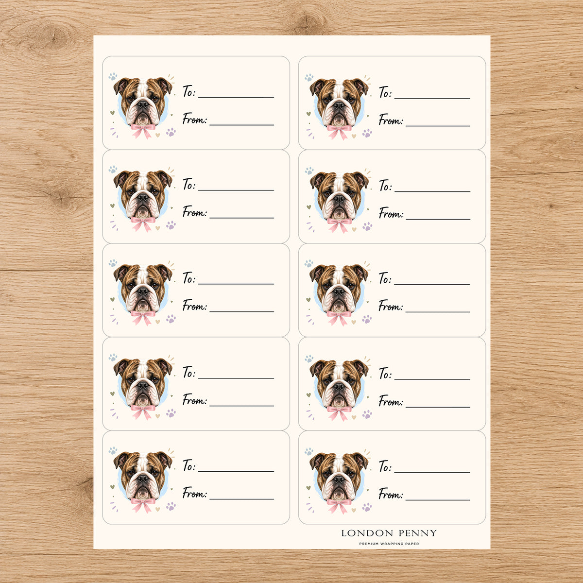 English Bulldog Paws & Bows Gift Tag Sticker Sheet