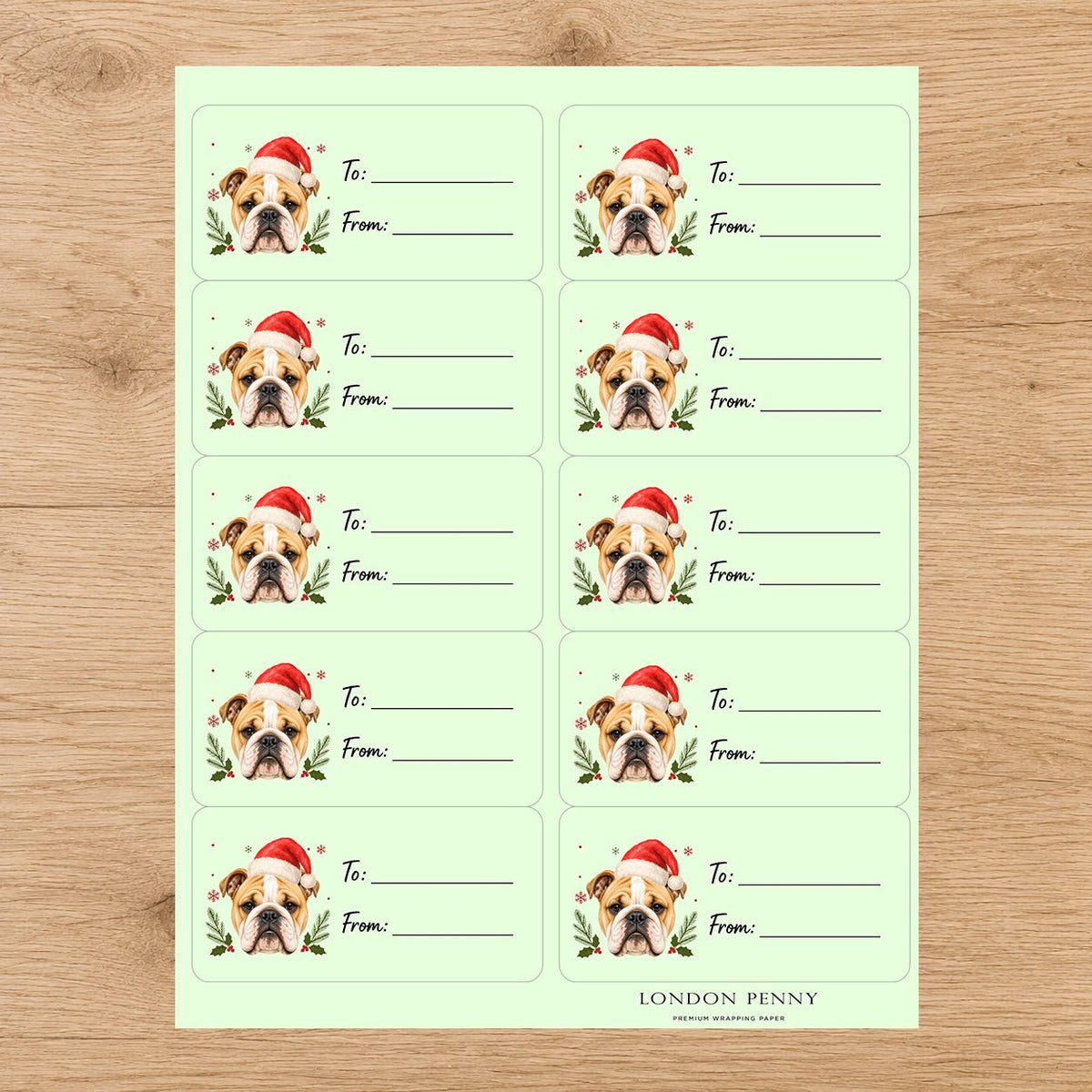 English Bulldog Santa Paws Gift Tag Sticker Sheet - London Penny Gift Wrap