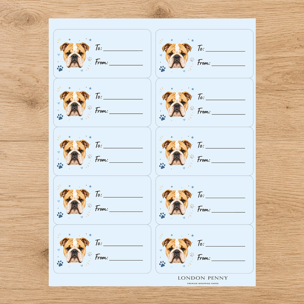 English Bulldog Pawprint Wishes Gift Tag Sticker Sheet - London Penny Gift Wrap